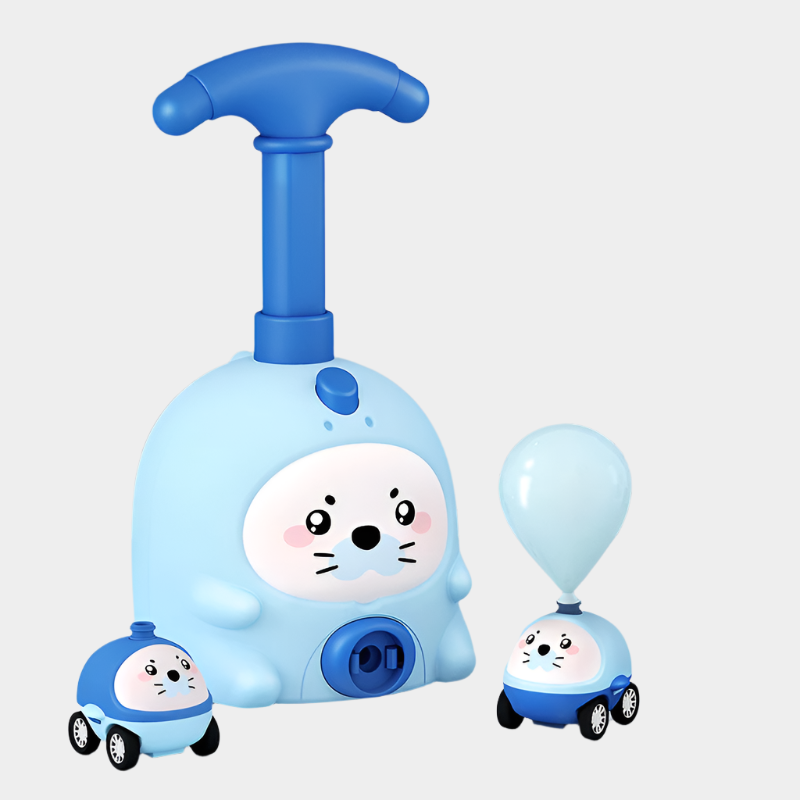 Pig-shaped aerodynamic balloon car educational toy made from durable ABS plastic for kids aged 7-14, demonstrating fun physics in action