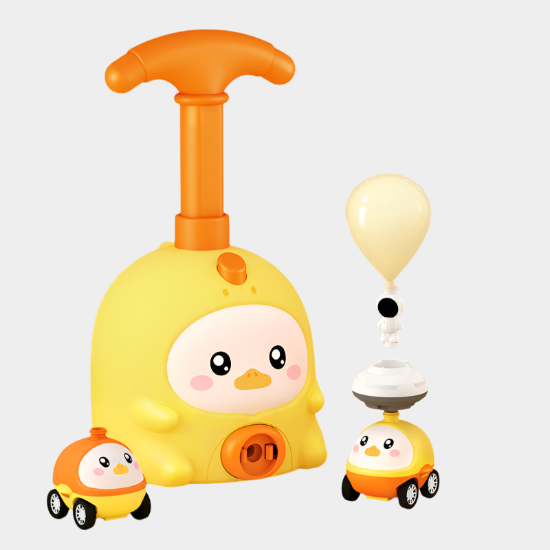 Pig-shaped aerodynamic balloon car educational toy made from durable ABS plastic for kids aged 7-14, demonstrating fun physics in action