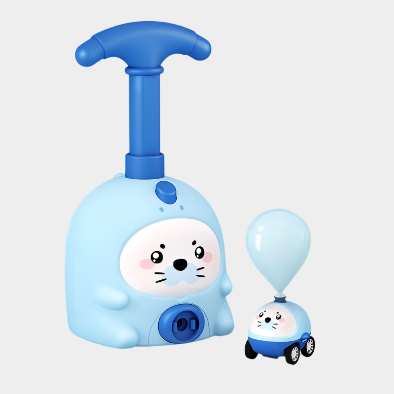 Pig-shaped aerodynamic balloon car educational toy made from durable ABS plastic for kids aged 7-14, demonstrating fun physics in action