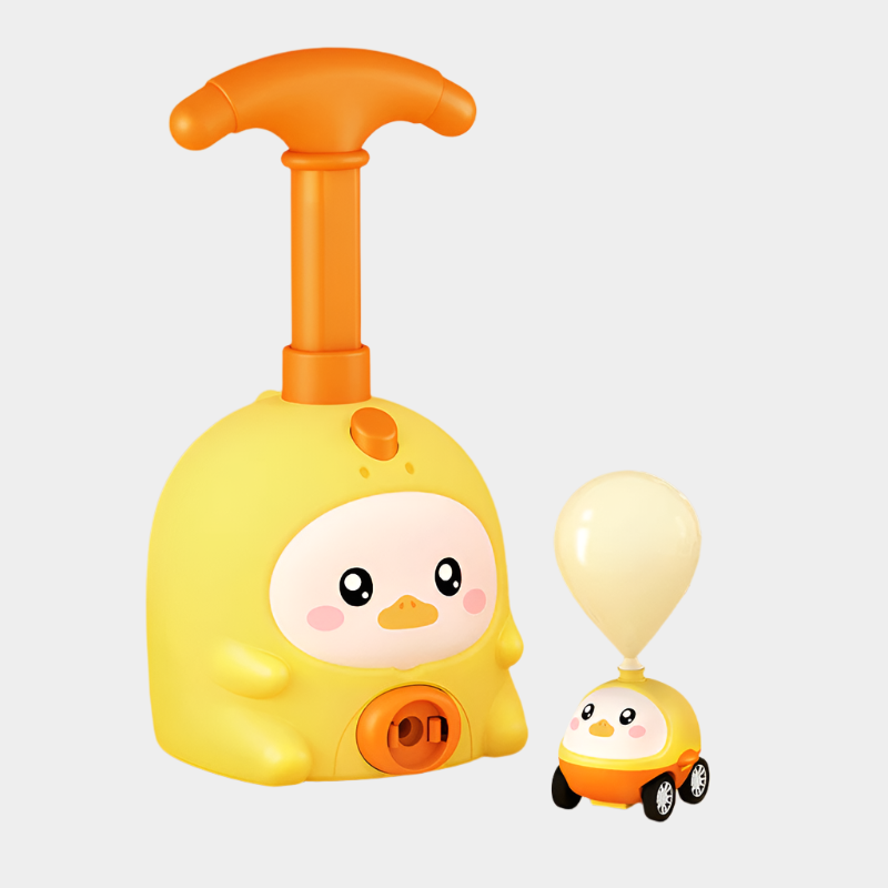 Pig-shaped aerodynamic balloon car educational toy made from durable ABS plastic for kids aged 7-14, demonstrating fun physics in action