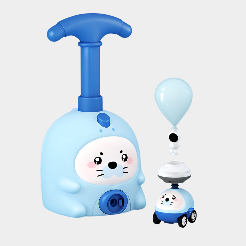 Pig-shaped aerodynamic balloon car educational toy made from durable ABS plastic for kids aged 7-14, demonstrating fun physics in action