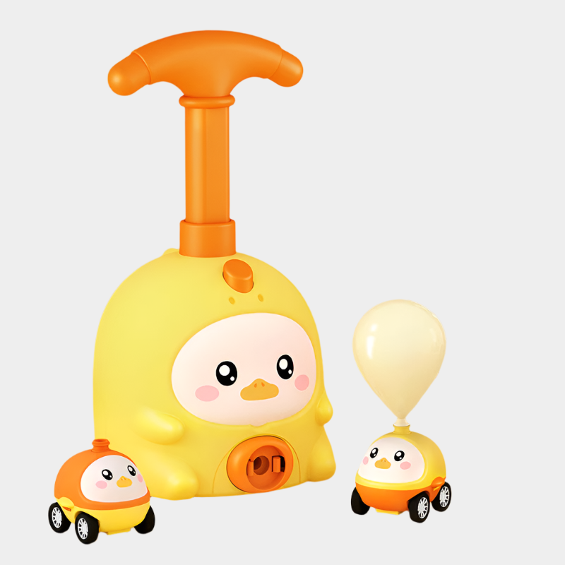 Pig-shaped aerodynamic balloon car educational toy made from durable ABS plastic for kids aged 7-14, demonstrating fun physics in action