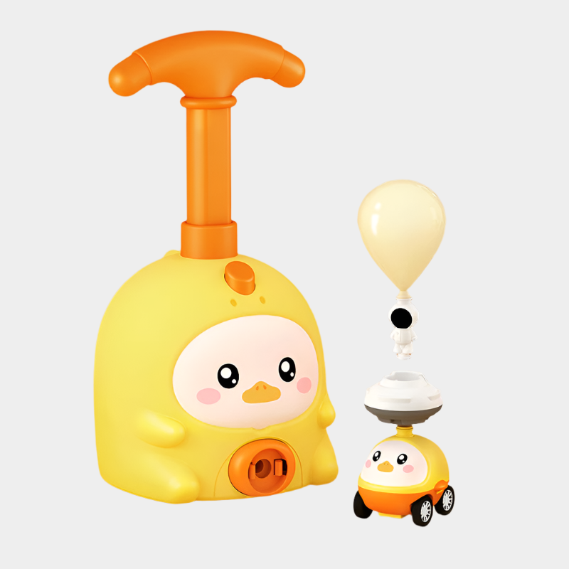 Pig-shaped aerodynamic balloon car educational toy made from durable ABS plastic for kids aged 7-14, demonstrating fun physics in action