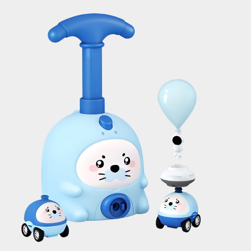 Pig-shaped aerodynamic balloon car educational toy made from durable ABS plastic for kids aged 7-14, demonstrating fun physics in action
