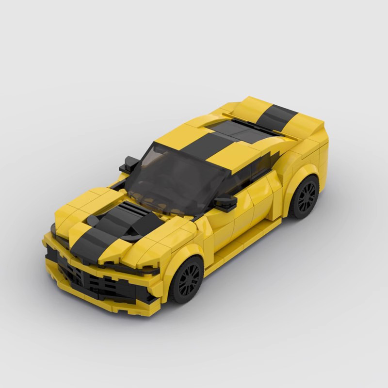MOC building blocks set compatible with Lego, featuring a detailed Chevrolet Camaro muscle car model with a Speed 8 grid design