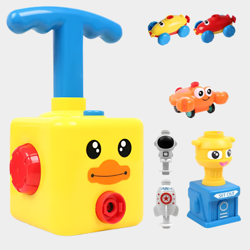 Power Balloon Launch Toy Set with pump, cars, flying figures, and a balloon-powered crab, perfect for interactive play