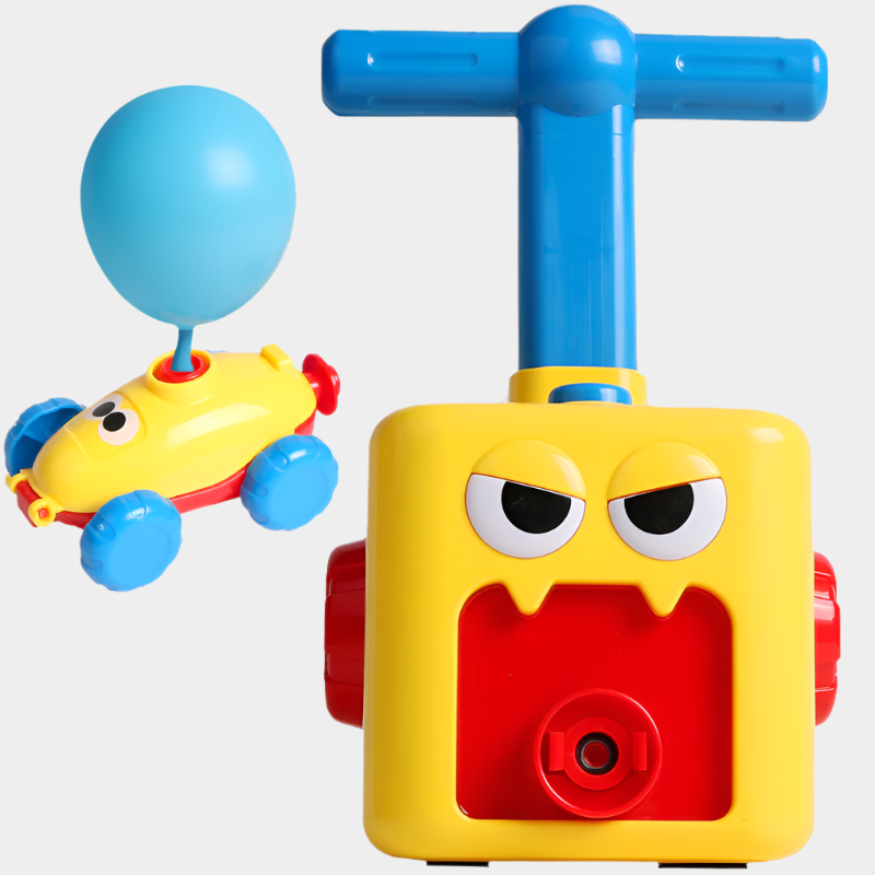 Power Balloon Launch Toy Set with pump, cars, flying figures, and a balloon-powered crab, perfect for interactive play