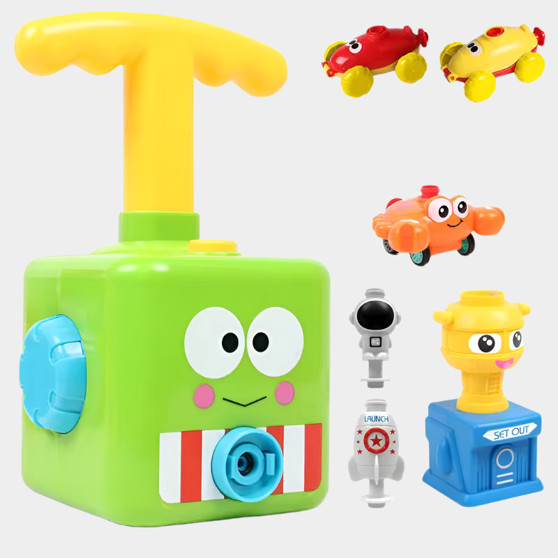 Power Balloon Launch Toy Set with pump, cars, flying figures, and a balloon-powered crab, perfect for interactive play