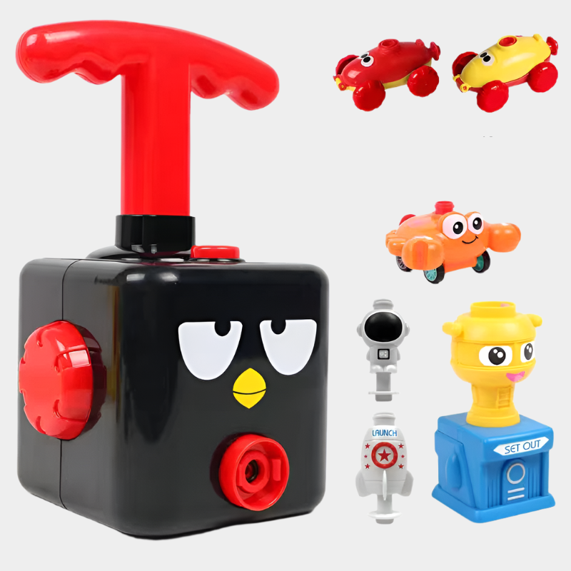 Power Balloon Launch Toy Set with pump, cars, flying figures, and a balloon-powered crab, perfect for interactive play