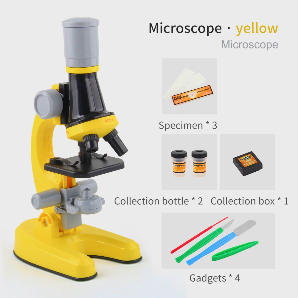 Children's microscope with adjustable magnification (100x, 400x, 1200x), dual illumination, and complete tool kit, ideal for home science experiments