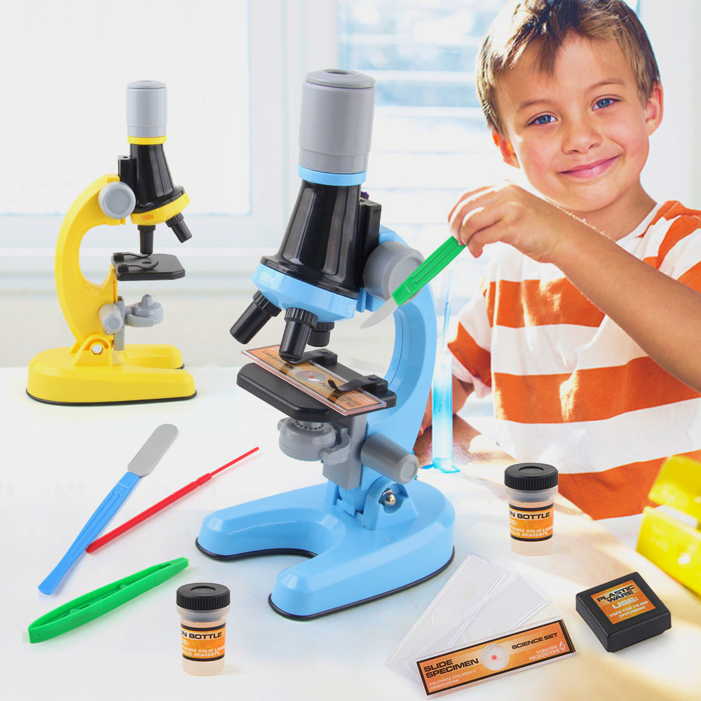 Children's microscope with adjustable magnification (100x, 400x, 1200x), dual illumination, and complete tool kit, ideal for home science experiments
