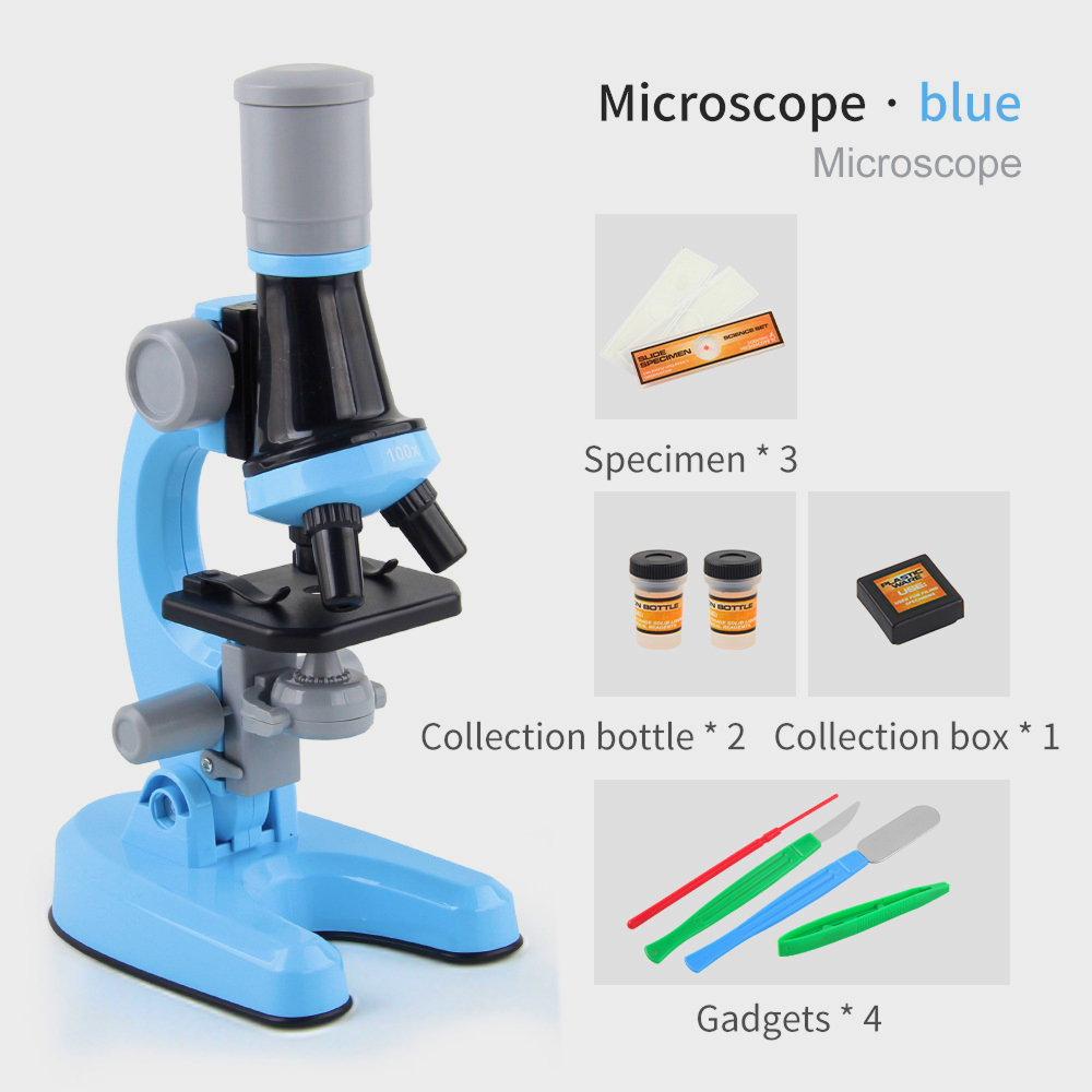 Children's microscope with adjustable magnification (100x, 400x, 1200x), dual illumination, and complete tool kit, ideal for home science experiments