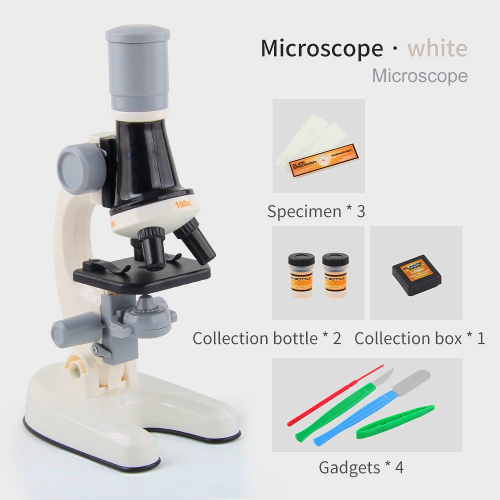 Children's microscope with adjustable magnification (100x, 400x, 1200x), dual illumination, and complete tool kit, ideal for home science experiments
