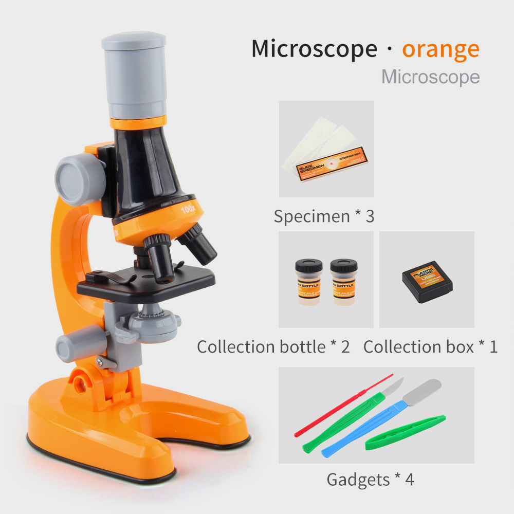 Children's microscope with adjustable magnification (100x, 400x, 1200x), dual illumination, and complete tool kit, ideal for home science experiments