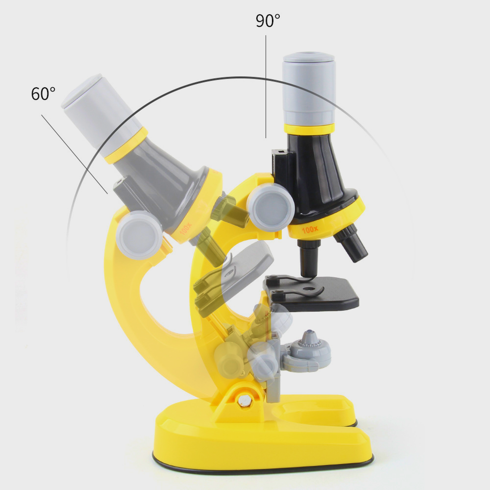 Children's microscope with adjustable magnification (100x, 400x, 1200x), dual illumination, and complete tool kit, ideal for home science experiments