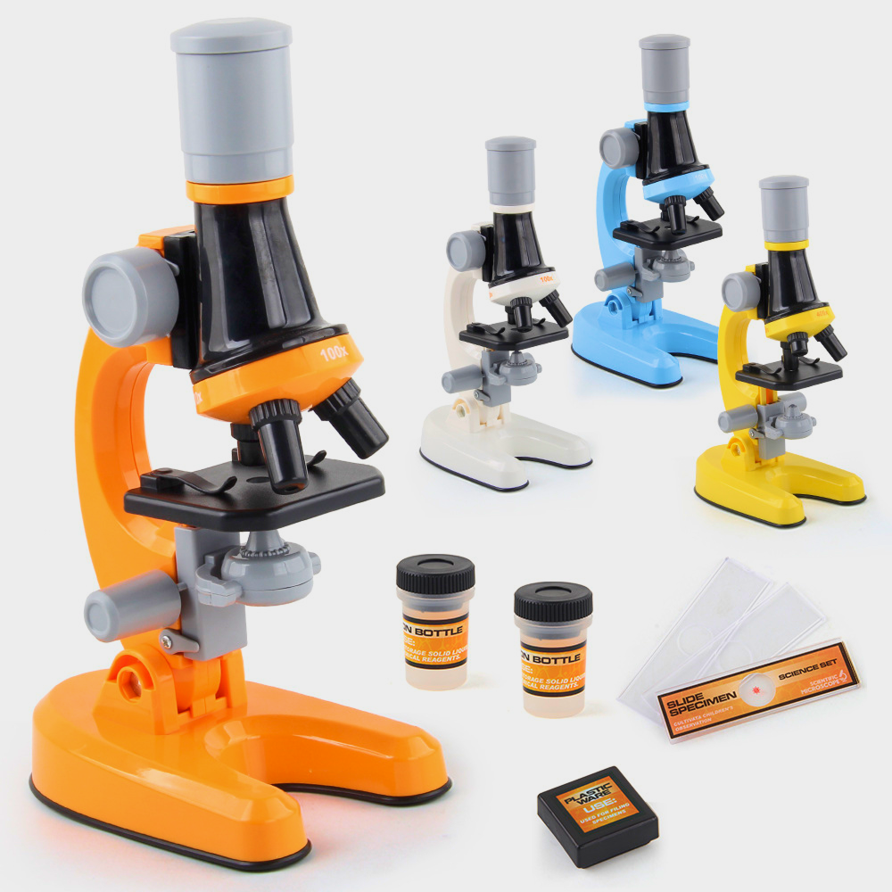 Children's microscope with adjustable magnification (100x, 400x, 1200x), dual illumination, and complete tool kit, ideal for home science experiments
