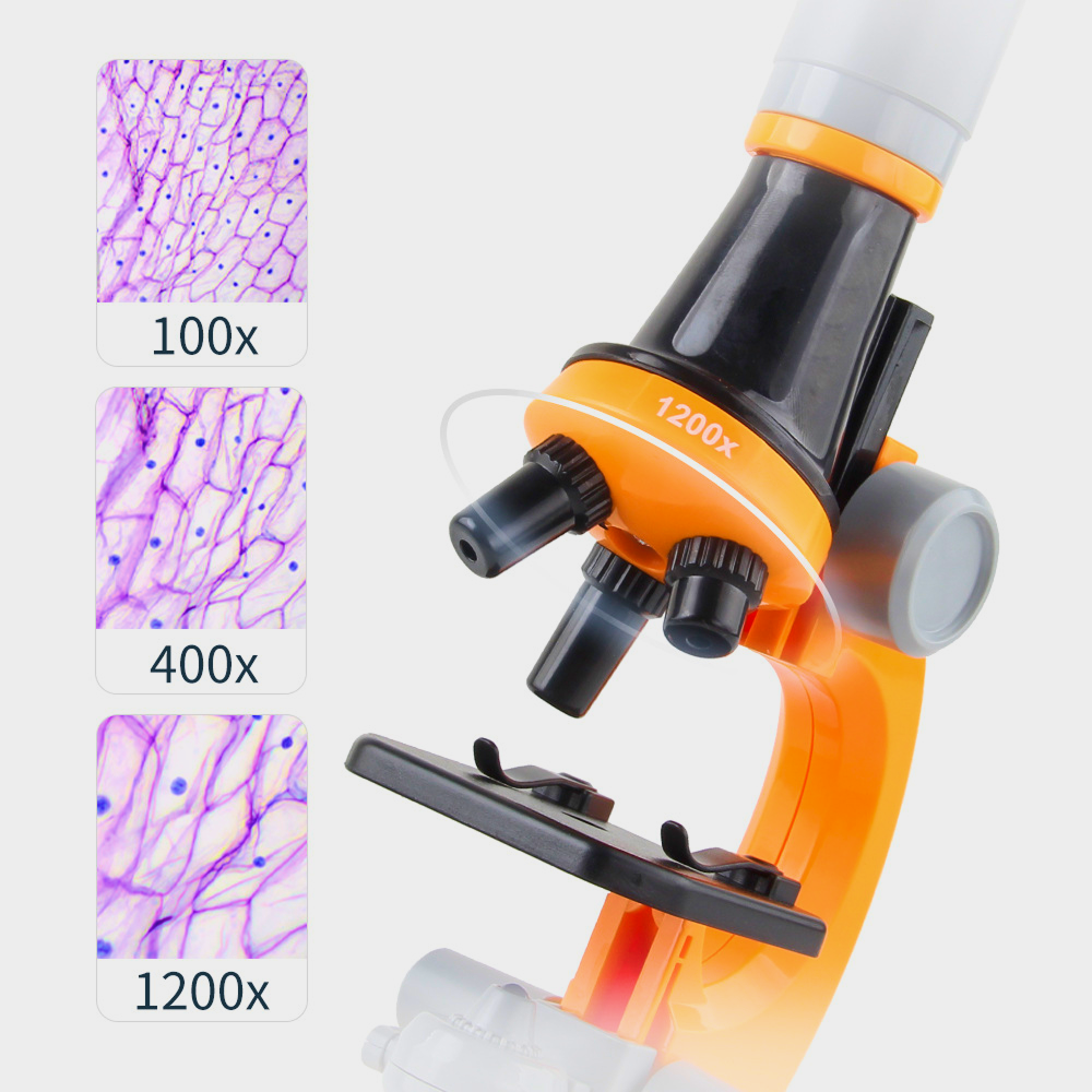 Children's microscope with adjustable magnification (100x, 400x, 1200x), dual illumination, and complete tool kit, ideal for home science experiments