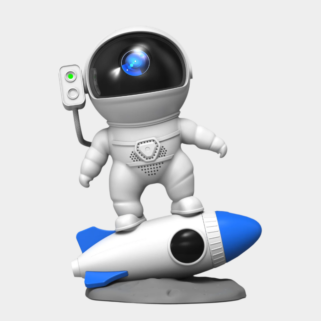 Musical Projector Astronaut 12-in-1 with LED modes, projector, Bluetooth speaker, alarm clock, and nature sounds, creating a cosmic ambiance