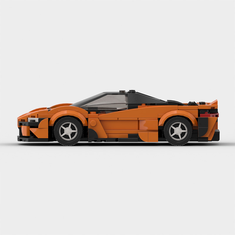 McLaren 765LT building blocks set in vibrant orange, featuring an 8-grid sports car design, made from durable ABS plastic, compatible with Lego