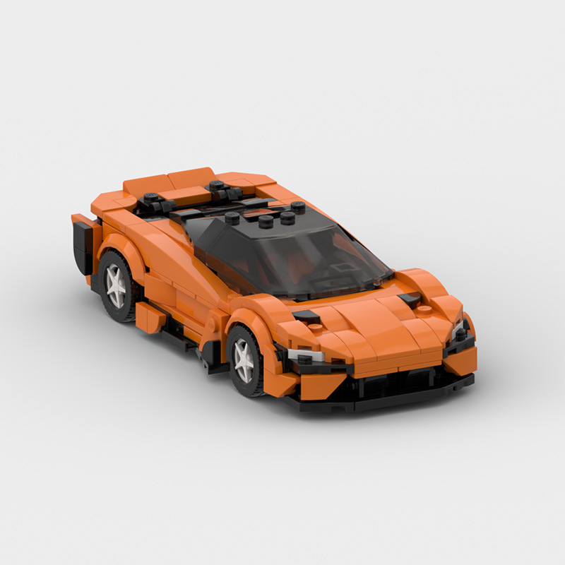 McLaren 765LT building blocks set in vibrant orange, featuring an 8-grid sports car design, made from durable ABS plastic, compatible with Lego