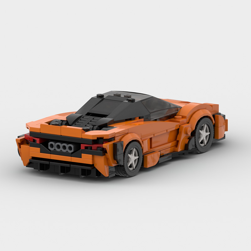 McLaren 765LT building blocks set in vibrant orange, featuring an 8-grid sports car design, made from durable ABS plastic, compatible with Lego