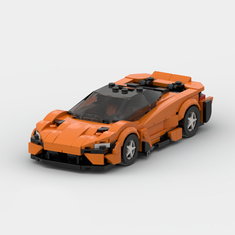 McLaren 765LT building blocks set in vibrant orange, featuring an 8-grid sports car design, made from durable ABS plastic, compatible with Lego