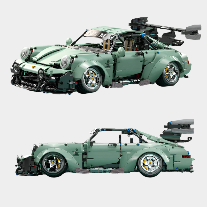Porsche 964 RWB building blocks set with over 800 pieces, made from durable ABS plastic, creating a detailed model approximately 47.4 x 10.5 x 37.2 cm in size