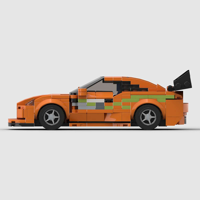 Toyota Supra building blocks set inspired by Fast and Furious, featuring self-locking ABS plastic bricks and a detailed model measuring 18 x 8 x 5 cm