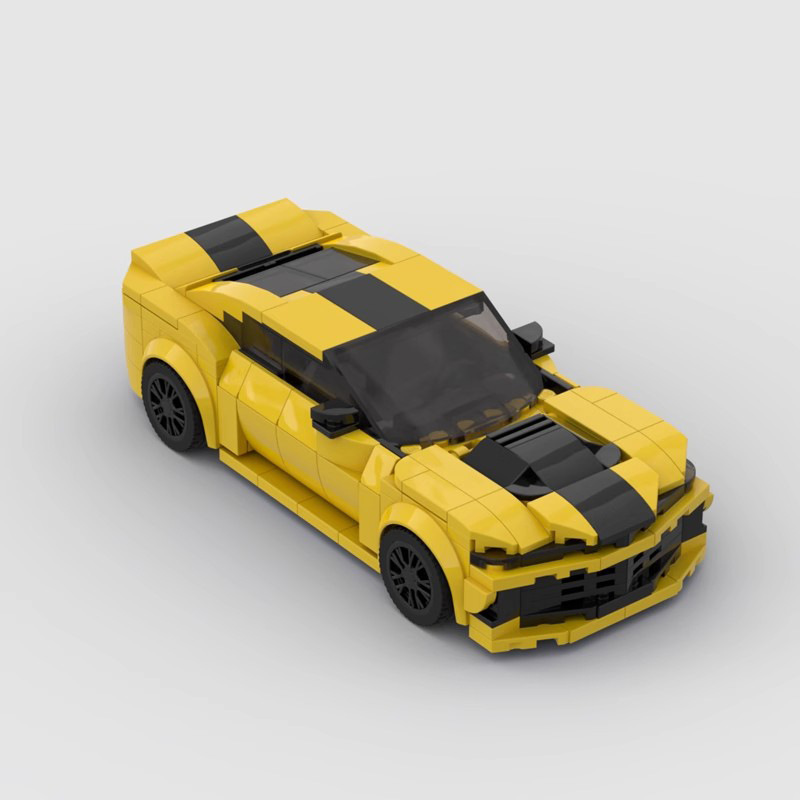 MOC building blocks set compatible with Lego, featuring a detailed Chevrolet Camaro muscle car model with a Speed 8 grid design
