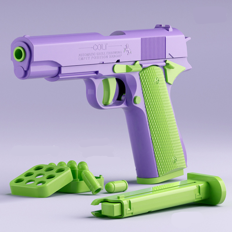 A simulation toy gun modeled after the Colt 1911 design, predominantly purple with green accents.