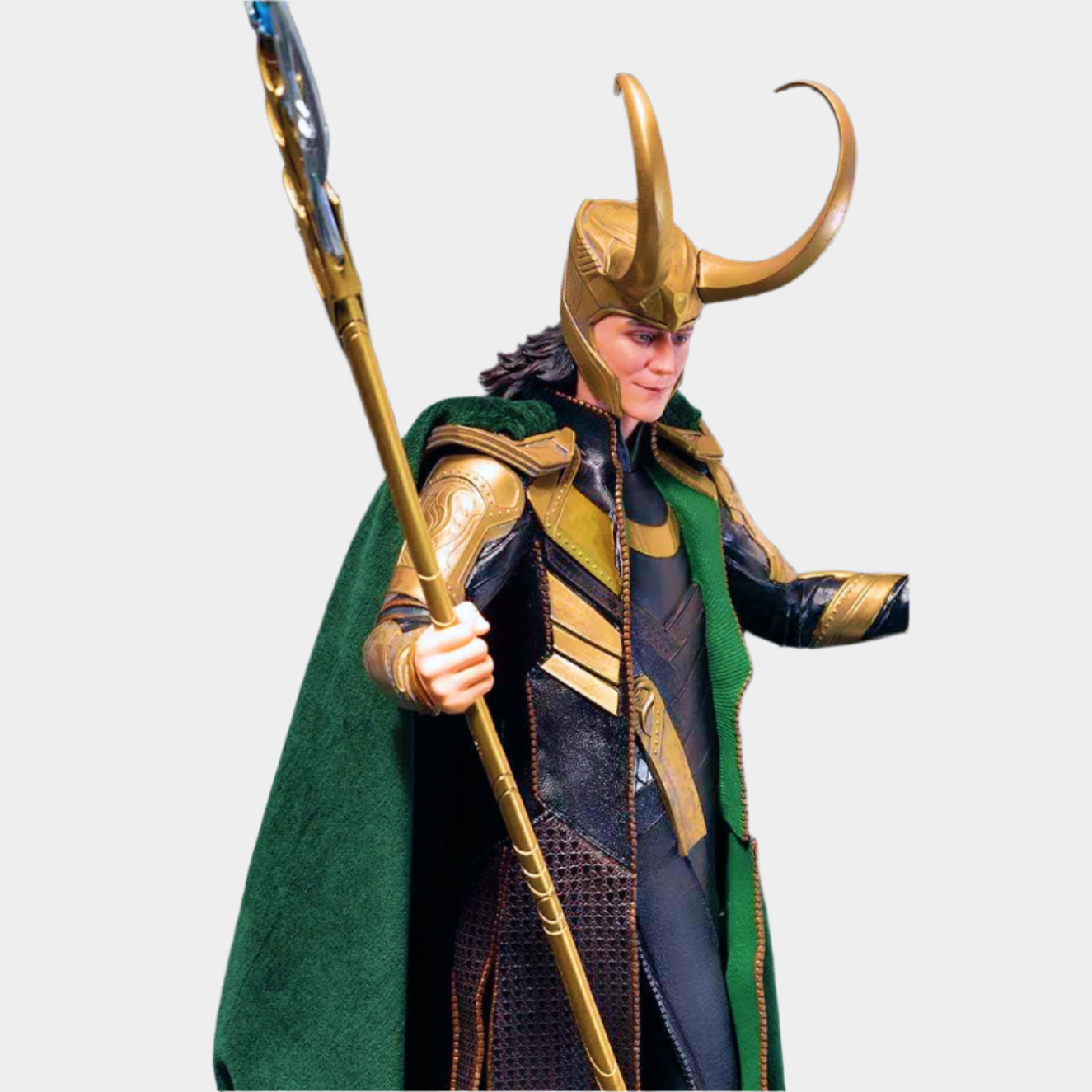 Loki Action Figure from Marvel’s Avengers series, 24 cm tall, featuring his green cape, golden horned helmet, and iconic scepter