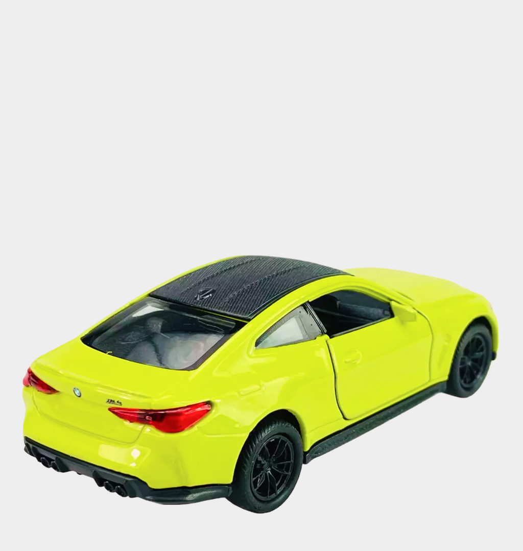 BMW M4 diecast car model in 1:24 scale, featuring metal alloy body, rubber tires, ABS plastic parts, and pull-back function