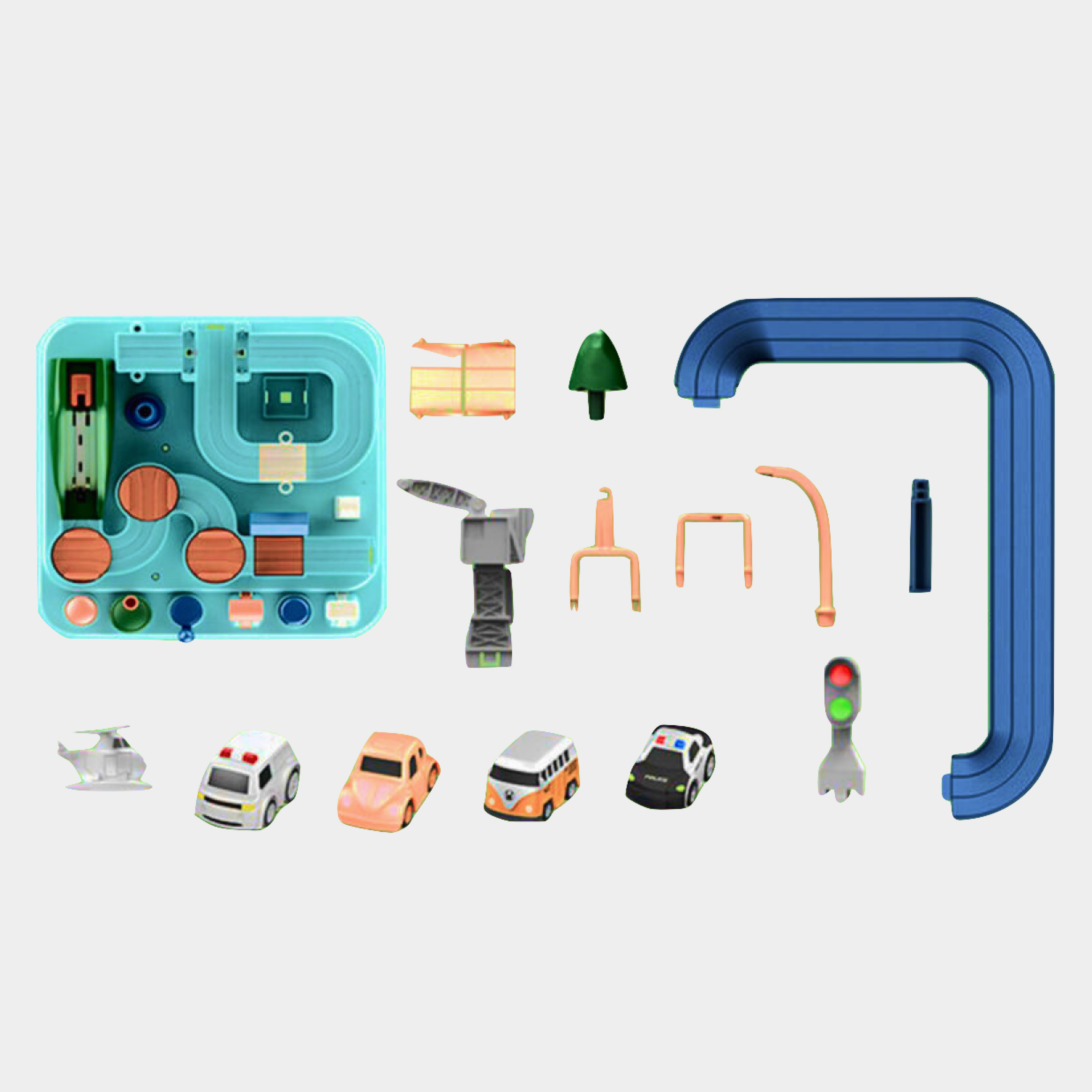 Mechanical track adventure game set with vehicles and parking