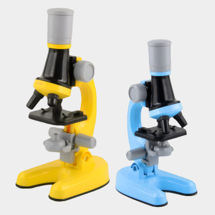 Children's microscope with adjustable magnification (100x, 400x, 1200x), dual illumination, and complete tool kit, ideal for home science experiments