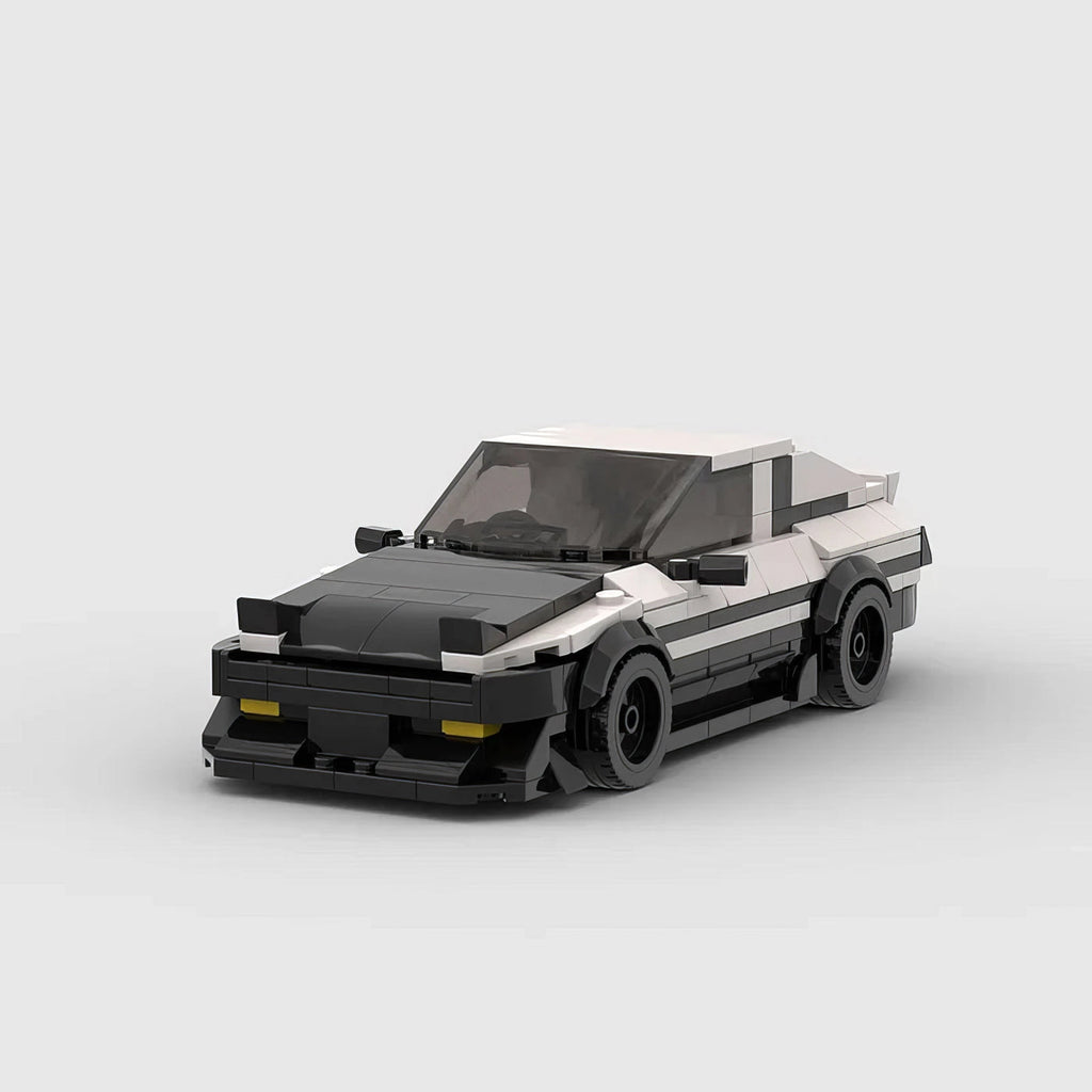 Toyota AE86 GT building blocks set with authentic black-and-white panda design, made of high-quality ABS plastic, approximately 17 x 8 x 5 cm