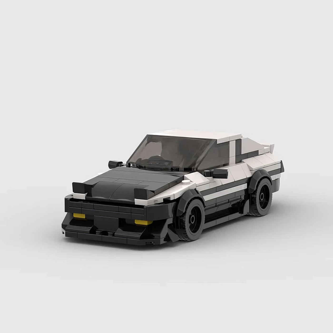 Toyota AE86 GT building blocks set with authentic black-and-white panda design, made of high-quality ABS plastic, approximately 17 x 8 x 5 cm