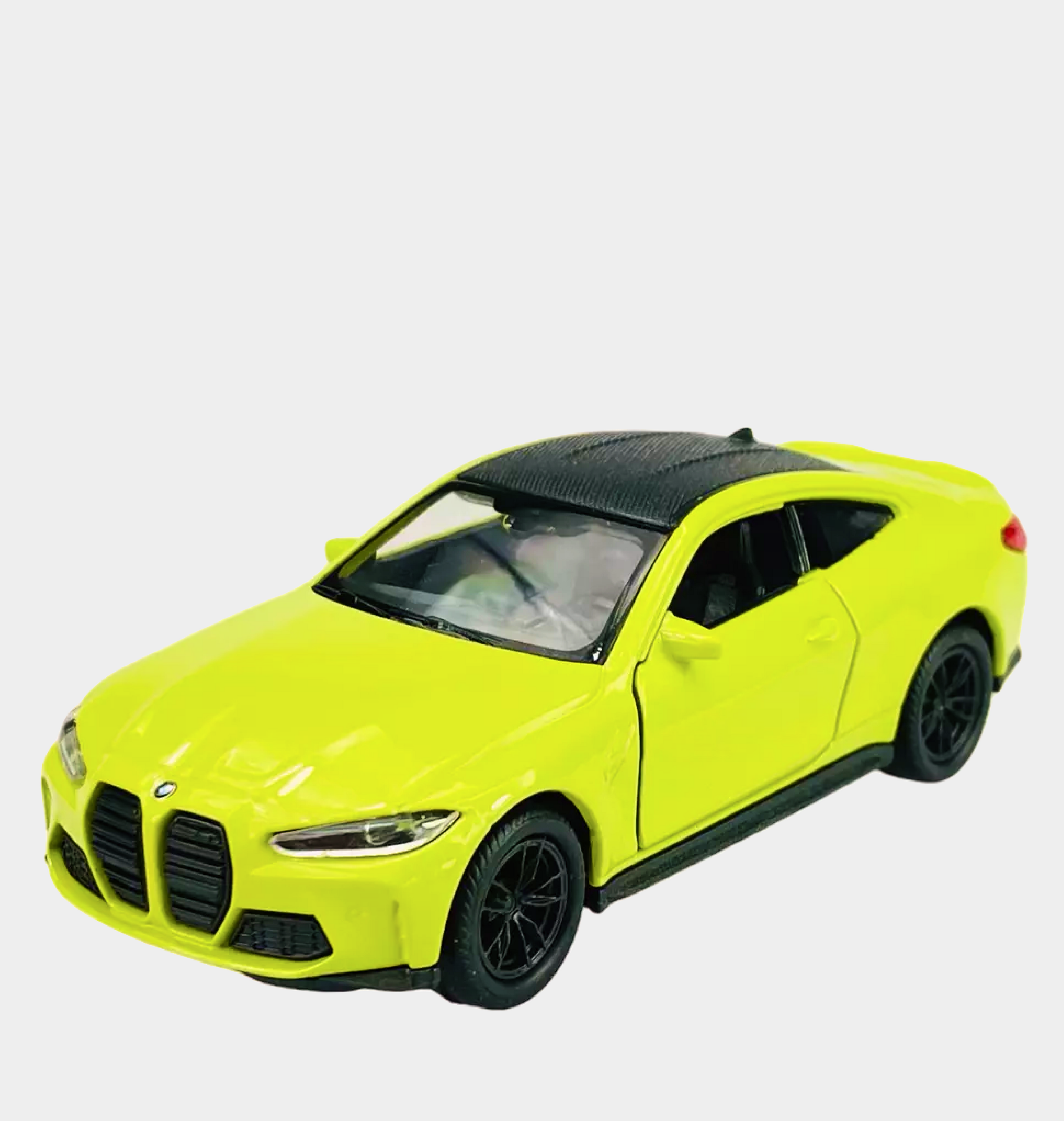 BMW M4 diecast car model in 1:24 scale, featuring metal alloy body, rubber tires, ABS plastic parts, and pull-back function