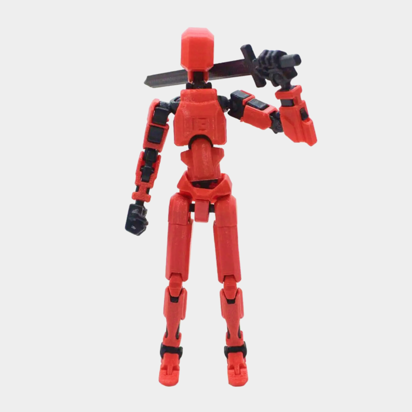 Articulated red robot action figure with multiple joints, made of durable plastic, measuring approximately 4 x 17 x 2 cm